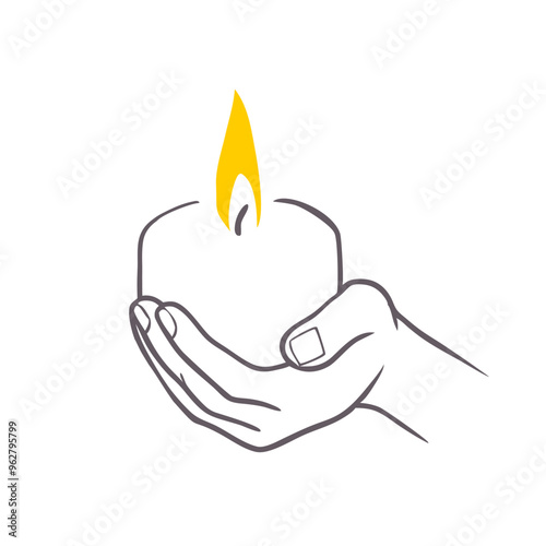 Thin line drawing of hand holding candle. Symbol of prayer and church concept in simple linear style. Doodle outline illustration. Memorial linear symbol.