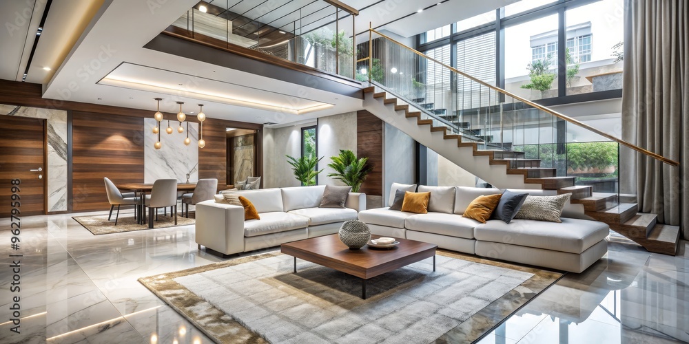 Obraz premium Modern Living Room with White Sofa and Glass Staircase, Interior Design, Luxury Home, Modern Architecture, Open Plan Living