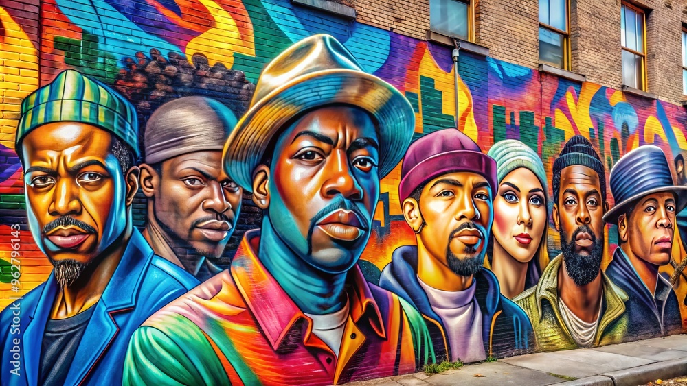 Vivid, Urban Mural Featuring Vibrant Graffiti Characters From Hip-Hop Culture, Capturing The Essence Of Street Art And Vivid, Urban Mural Featuring Vibrant Graffiti Characters From Hip-Hop Culture, Capturing The Essence Of Street Art And