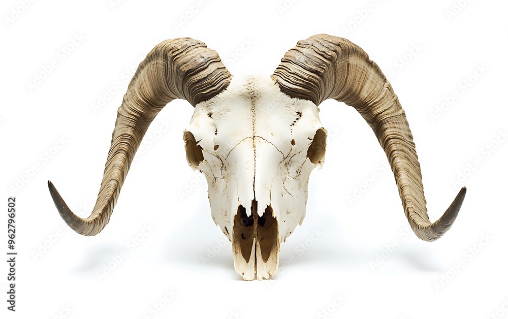Obraz premium Mysterious Mountain Goat Skull with Sharp Horns on White Background
