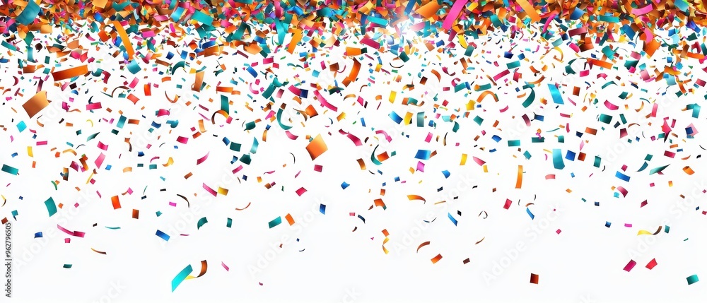 Fototapeta premium Colorful confetti falling against a clean white background, perfect for celebration themes and party decorations.