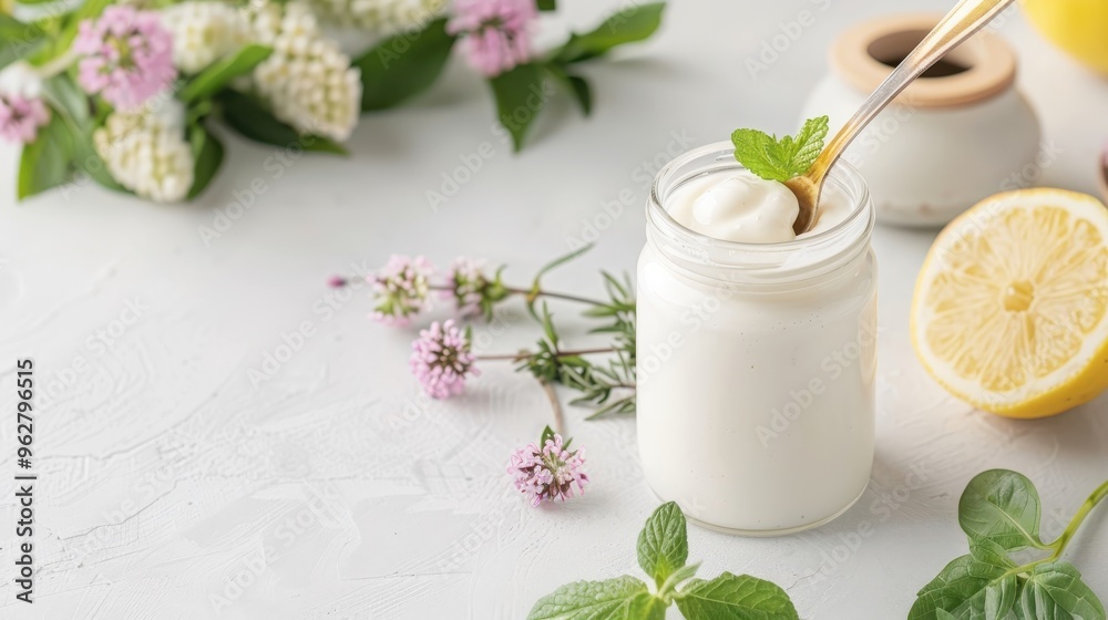 Jar of homemade crème fraîche with fresh ingredients around. Jar of homemade crème fraîche with fresh ingredients around.