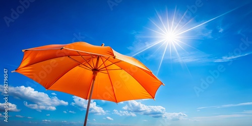 Orange Beach Umbrella Under Bright Sun, Blue Sky, Clouds, summer, vacation, beach