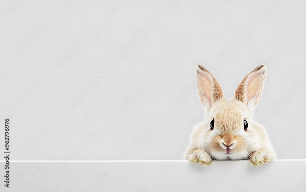 Obraz premium Curious Fluffy Bunny Peeking Over White Table Edge on Clear Background