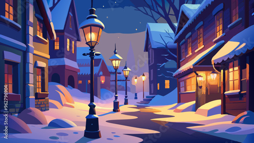 Snow-covered street with vintage lampposts in the night glowing warmly. vector illustration 
