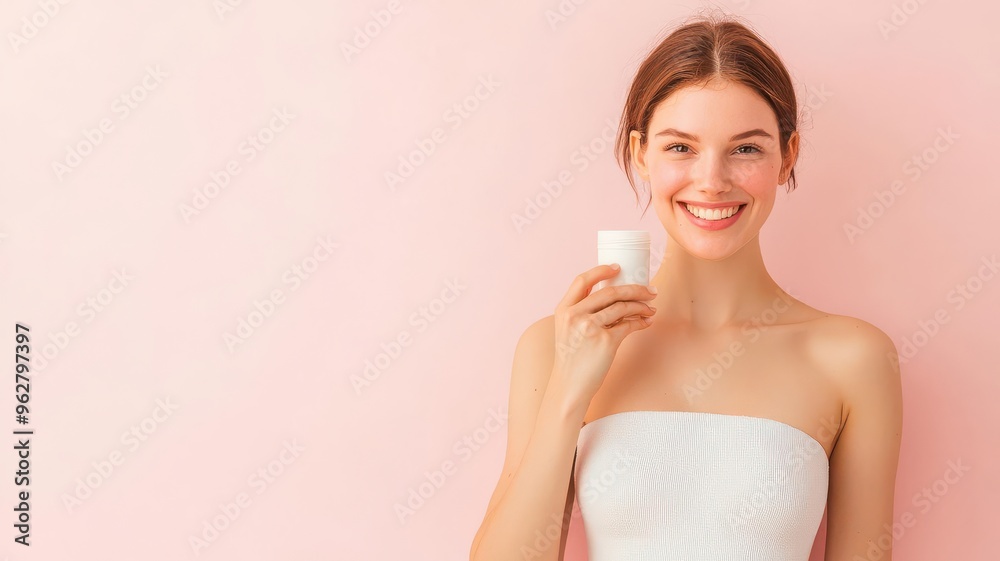 Woman applying sunscreen with a happy expression, fresh from the bath, pastel colors, simple design