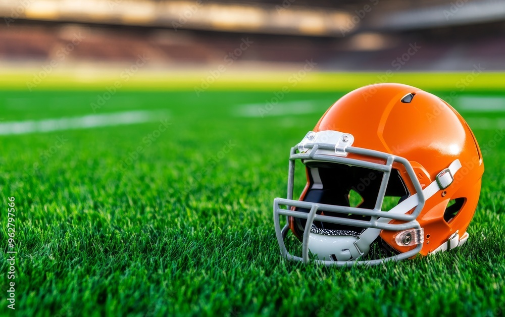American football and helmet on grass in stadium American football and helmet on grass in stadium