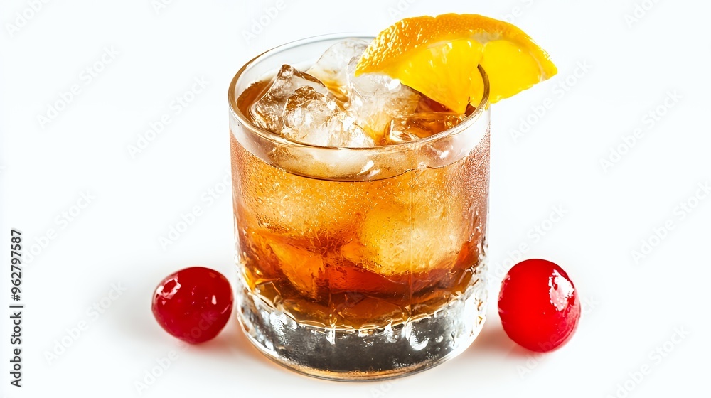 A close up of an Old Fashioned cocktail with an orange slice, and two maraschino cherries, on a white background. A close up of an Old Fashioned cocktail with an orange slice, and two maraschino cherries, on a white background.