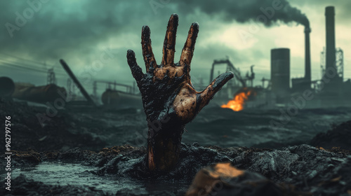 A zombie hand, dripping with black sludge, breaks through the surface of an oil spill, skeletal fingers clawing upwar. photo