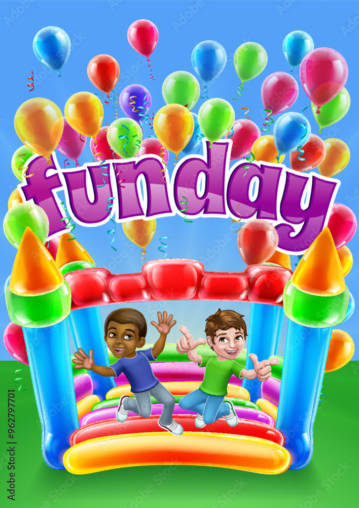 Children jumping and bouncing on a kids bouncy inflatable castle house Children jumping and bouncing on a kids bouncy inflatable castle house
