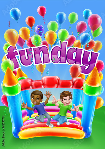 Children jumping and bouncing on a kids bouncy inflatable castle house