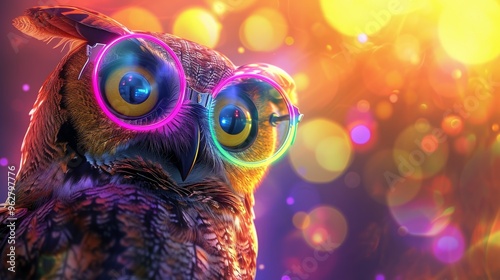 An enchanting owl wearing neon glasses, set against a colorful bokeh background. The vibrant, whimsical design is perfect for creative, fantasy, and tech-themed projects. photo