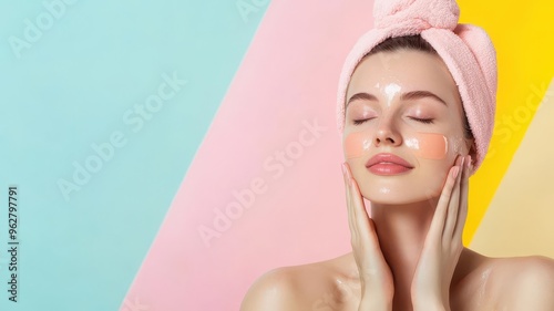 Young woman massaging serum into her skin, post-bath glow, fresh and vibrant, pastel palette photo