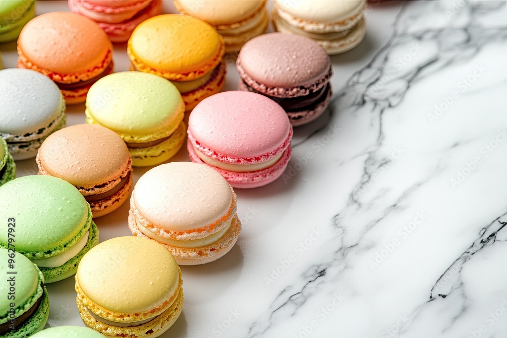 A variety of colorful macarons neatly arranged on a white marble surface with subtle shadows A variety of colorful macarons neatly arranged on a white marble surface with subtle shadows