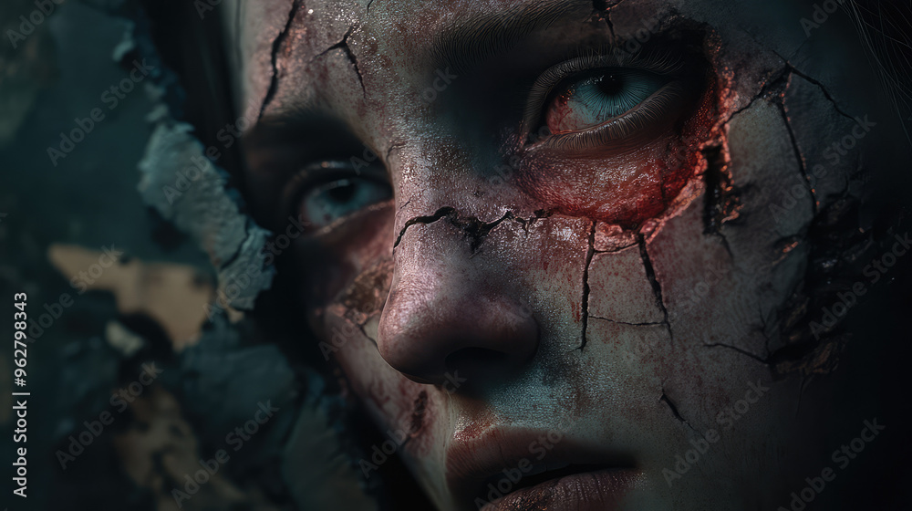A woman with a bloody face and a broken nose A woman with a bloody face and a broken nose
