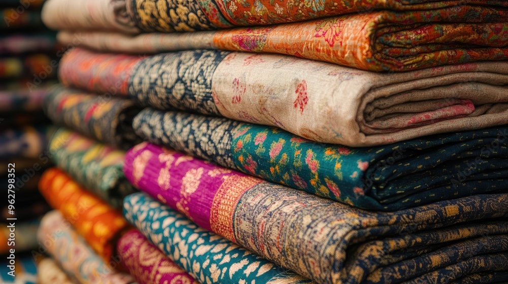 Close-up of stacked fabrics in an Indian market, featuring a mix of colorful textiles and patterns Close-up of stacked fabrics in an Indian market, featuring a mix of colorful textiles and patterns