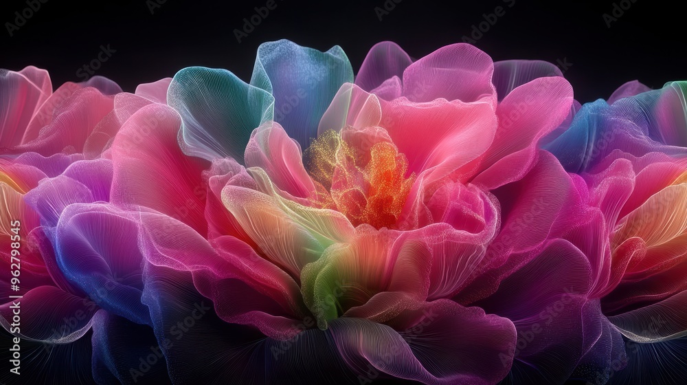 Obraz premium Digital abstract art depicting a flower with radiant petals in a multi-colored gradient, evoking a soft, dreamy, and otherworldly atmosphere.