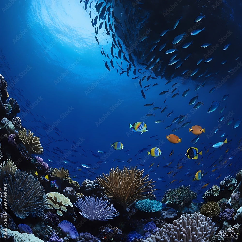 Naklejka premium World Oceans day banner. World Ocean day wallpaper with blue ocean, fish and lettering. Ai generated