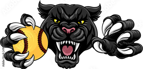 Black panther leopard or jaguar cat softball sports team mascot holding a ball