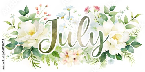 Watercolor Floral July Banner with Green Leaves and White Flowers, Summer , Floral, Watercolor