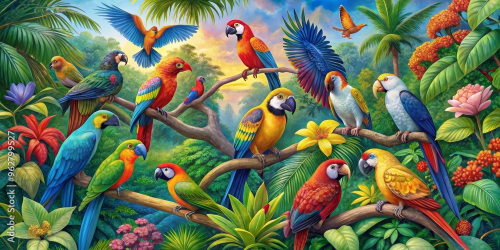 Obraz premium A Colorful Flock of Parrots Amongst Lush Tropical Foliage, Digital Painting, Bird Paradise, Parrot Illustration, Tropical Birds, Jungle Birds, Parrot Artwork