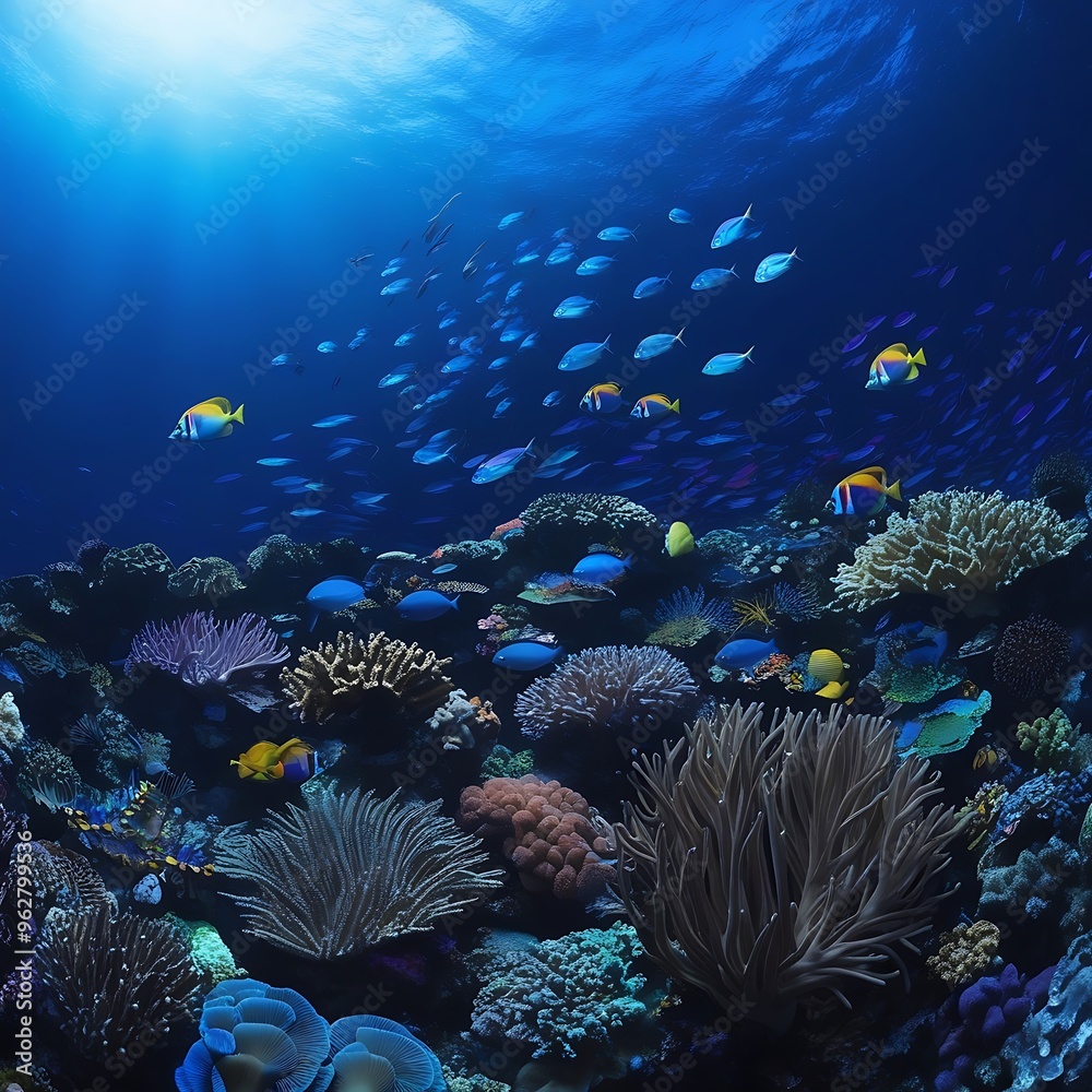 Obraz premium World Oceans day banner. World Ocean day wallpaper with blue ocean, fish and lettering. Ai generated