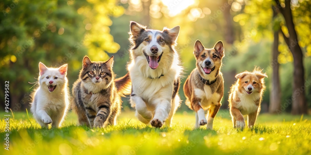 A Happy Pack of Dogs and Cats Running in a Sunlit Field, Dog, Cat, Playful A Happy Pack of Dogs and Cats Running in a Sunlit Field, Dog, Cat, Playful