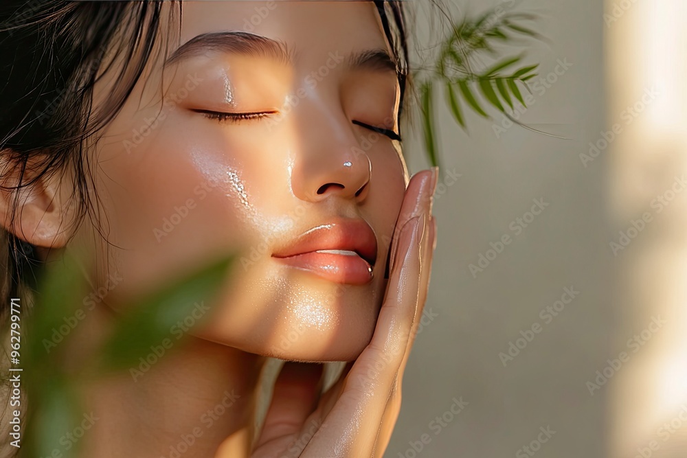 High-quality photo of skincare and cosmetics concept with copy space for text. Natural beauty woman woman with radiant, glowing skin closes her eyes and gently touches her face with her hand, ai High-quality photo of skincare and cosmetics concept with copy space for text. Natural beauty woman woman with radiant, glowing skin closes her eyes and gently touches her face with her hand, ai