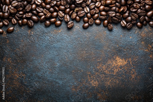 Dark roasted coffee beans on textured backdrop photo