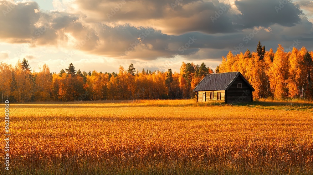 A serene autumn harvest landscape showcasing golden ripe fields and a sunlit cabin under a bright sky, evoking a peaceful rural scene. A serene autumn harvest landscape showcasing golden ripe fields and a sunlit cabin under a bright sky, evoking a peaceful rural scene.