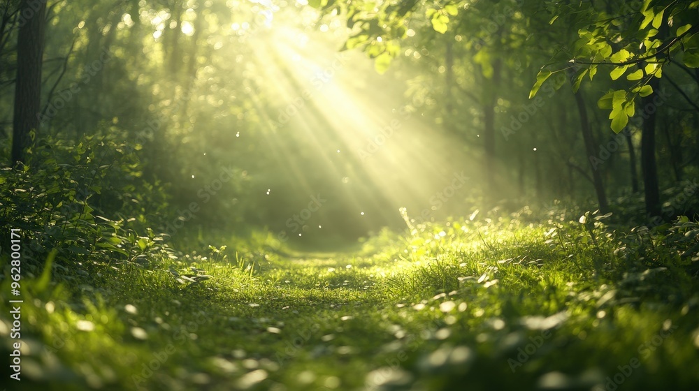 Fototapeta premium Radiant Sunbeams Filter Through Lush Green Trees in a Serene Forest Setting of Quiet Beauty