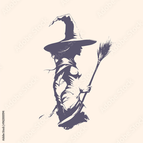 Silhouette of young cute witch girl with broomstick. Long curly hair. Halloween relative character silhouette