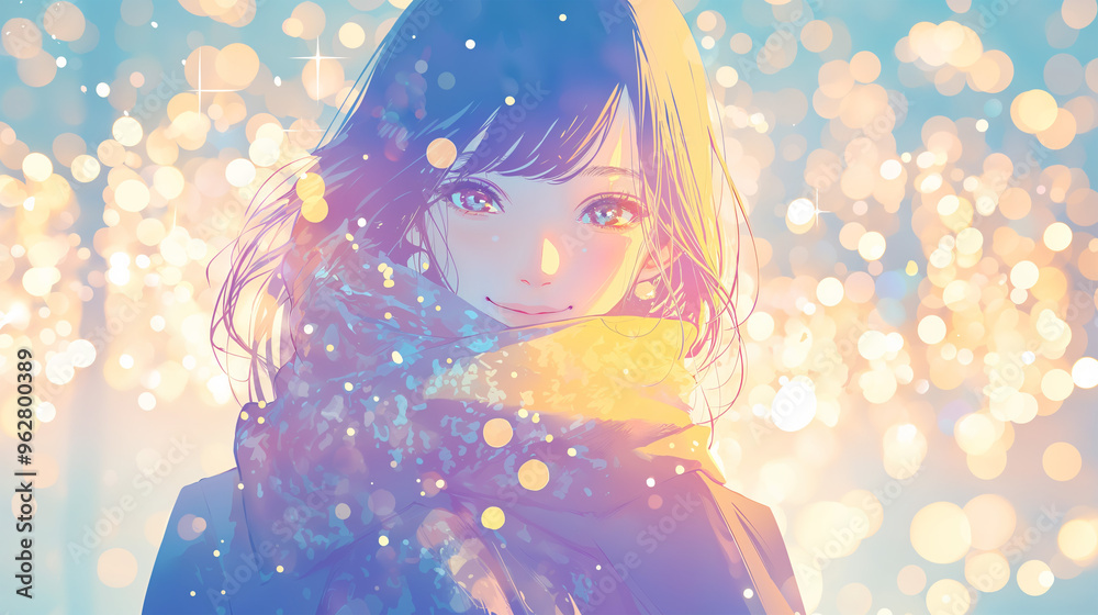 イルミネーションの中で笑う美しい女性 イルミネーションの中で笑う美しい女性