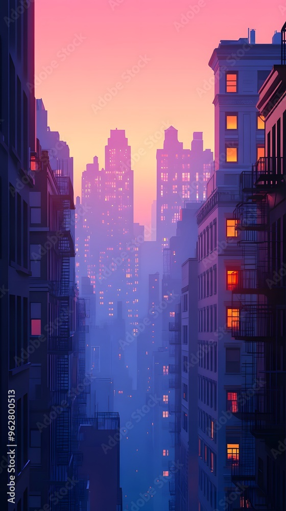 Obraz premium Cityscape Illustration - Sunset in a City Skyline with Buildings and Windows