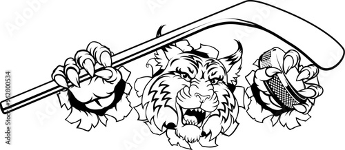 A wildcat or bobcat ice hockey team cartoon animal sports mascot