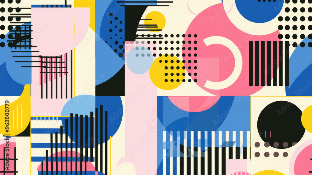 Obraz premium Abstract Bauhaus style seamless pattern with geometric shapes featuring bold lines in blue, pink and yellow