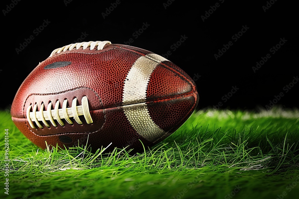 Obraz premium Close-up of American football on green grass with black background. Oval ball with brown leather texture. People in sight, empty field, athletic equipment, outdoor sports, recreation, game day,