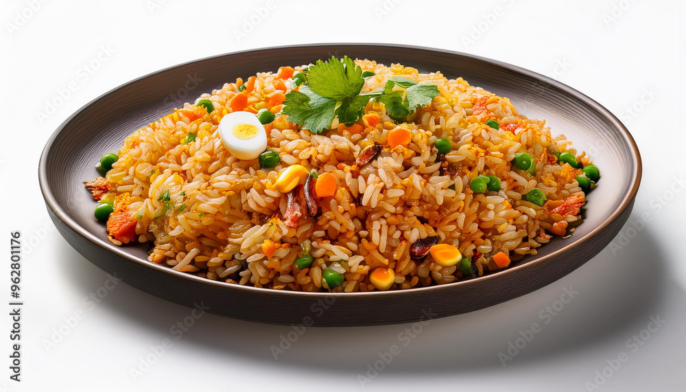 fully juicey American fried rice ,rice spread,Aerial view on a white background fully juicey American fried rice ,rice spread,Aerial view on a white background