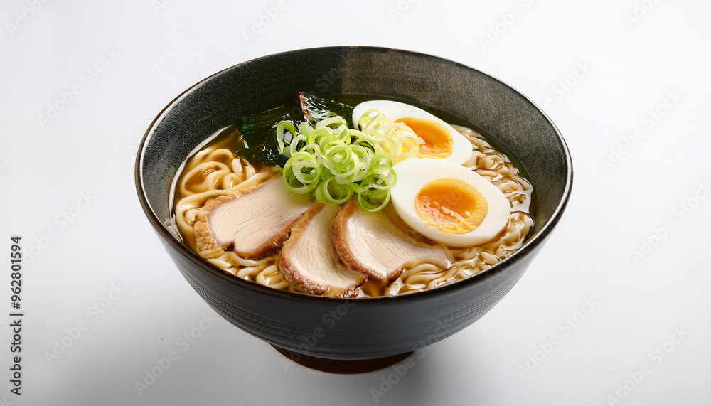 Ramen topped with soup and splash noodles. Aerial view on a white background Ramen topped with soup and splash noodles. Aerial view on a white background