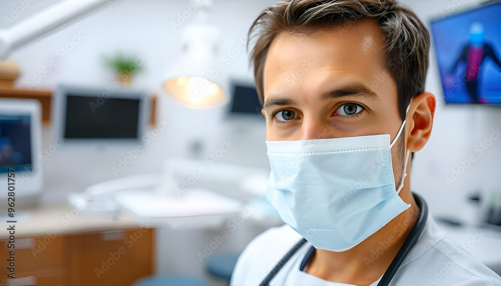A Caucasian male dentist wearing a blue medical mask and scrubs, looking directly at the camera in a dental office setting A Caucasian male dentist wearing a blue medical mask and scrubs, looking directly at the camera in a dental office setting