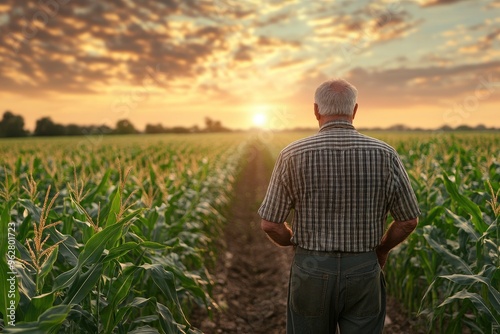 Rear view of senior farmer walking in corn field examining crop in his hands at sunset , ai