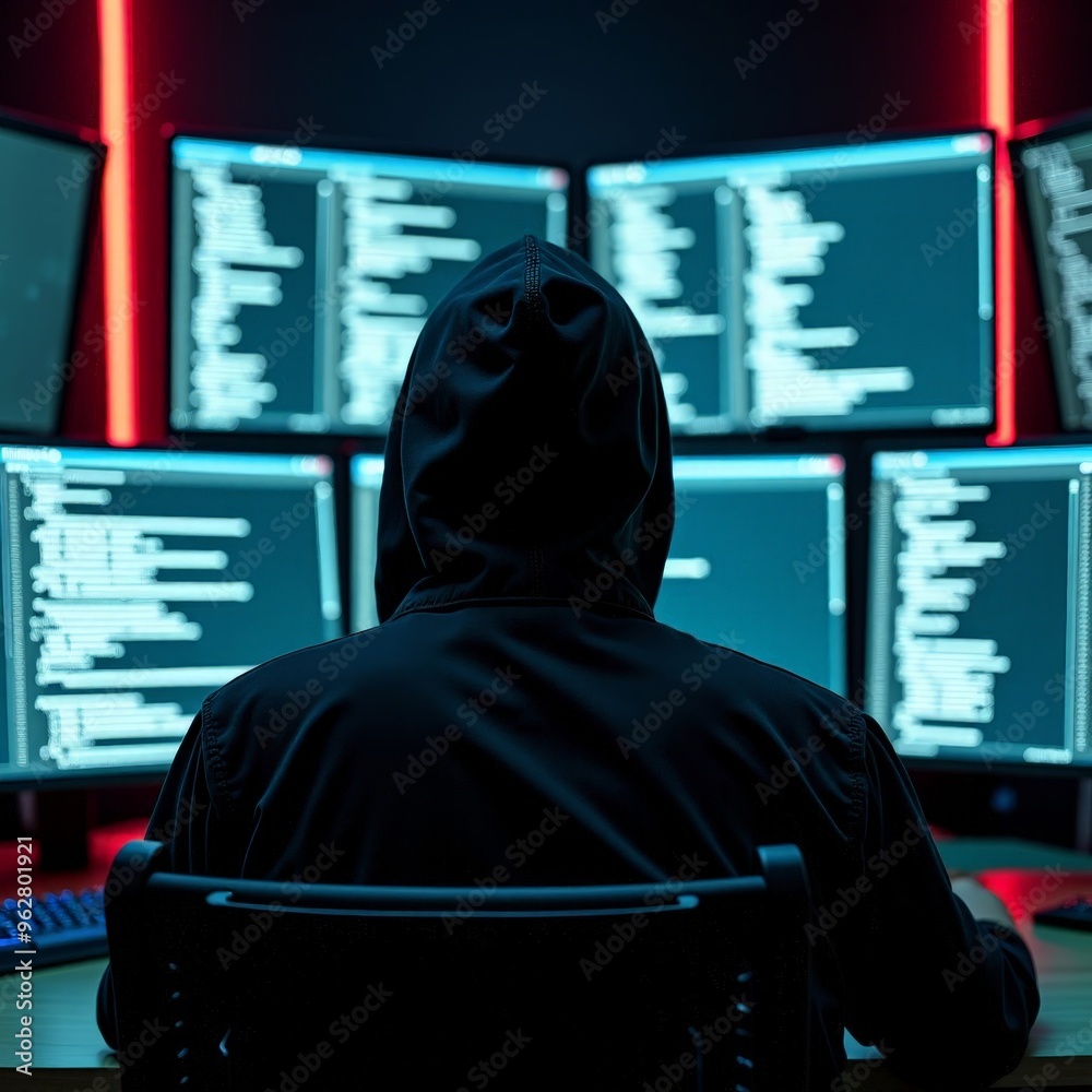 Anonymous Hacker in High Tech Control Room with Screens Displaying Code Encrypted Data Cybersecurity Cybercrime Cyberattack Generative AI Anonymous Hacker in High Tech Control Room with Screens Displaying Code Encrypted Data Cybersecurity Cybercrime Cyberattack Generative AI