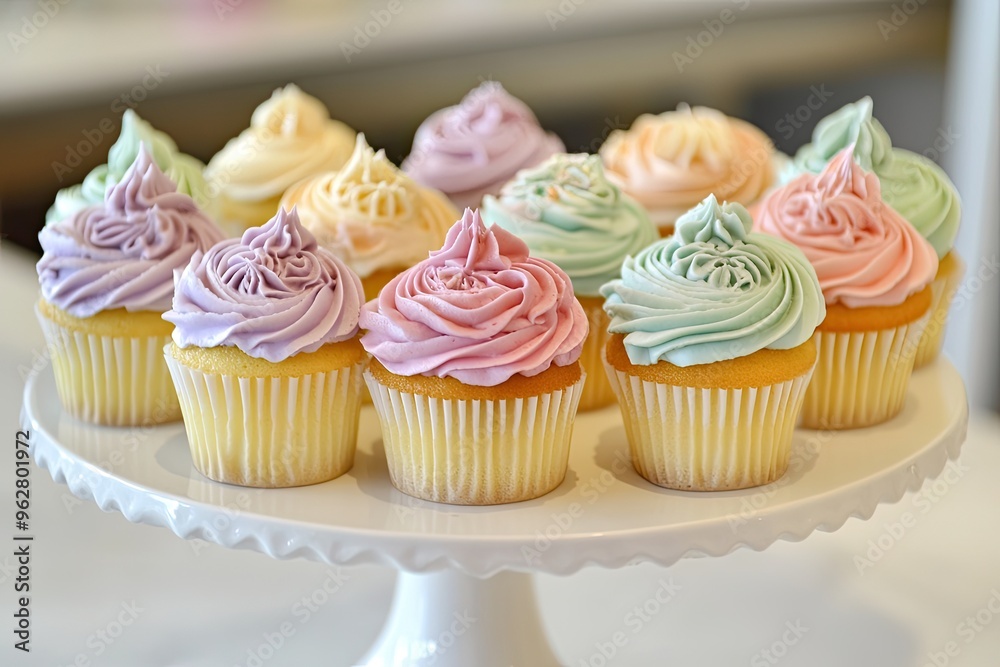 A variety of pastel - colored cupcakes with intricate icing designs, arranged on a white cake stand A variety of pastel - colored cupcakes with intricate icing designs, arranged on a white cake stand