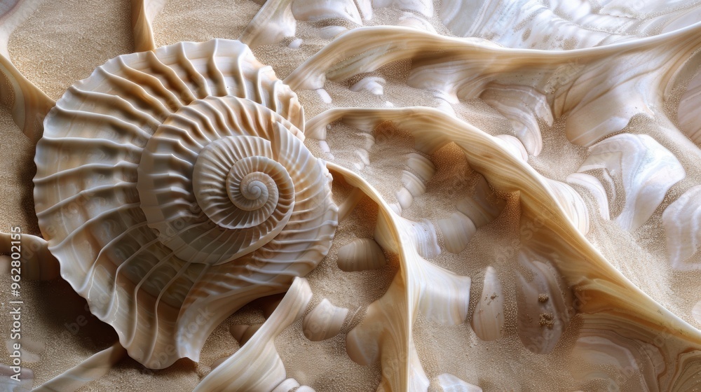 Nautilus shell in closeup, showcasing its iconic spiral pattern. The shell's geometric design is a stunning piece of nature's art. Nautilus shell in closeup, showcasing its iconic spiral pattern. The shell's geometric design is a stunning piece of nature's art.