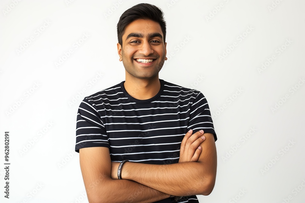 Young Indian man in casual attire smiling with crossed arms. Positive adult standing in front of isolated white background. Confident and cheerful male model wearing black striped t-shirt.