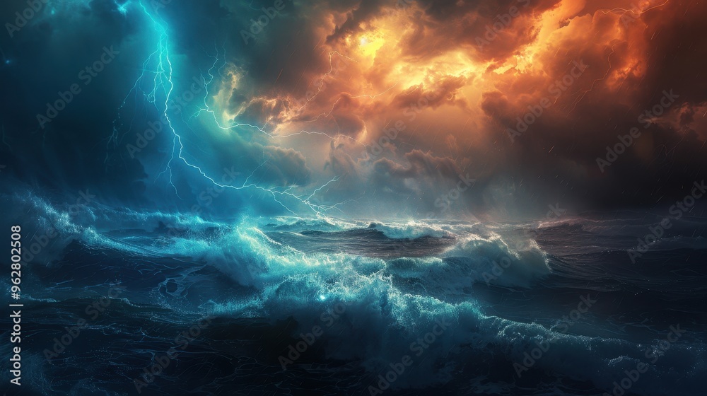 Fototapeta premium Lightning cuts through the abstract night sky. Dark clouds churn, signaling the storm's presence.