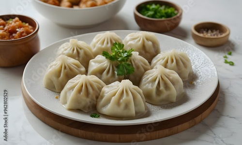 Tasty Homemade Dumplings in Elegant White Plate on Bright White Desk, Generative Ai