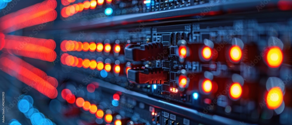 A computer server with many lights on it A computer server with many lights on it