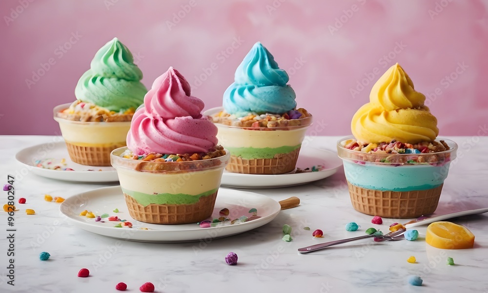 Tasty Rainbow cupcakes with Ice Cream Presented on Sleek White Desk, Generative Ai Tasty Rainbow cupcakes with Ice Cream Presented on Sleek White Desk, Generative Ai