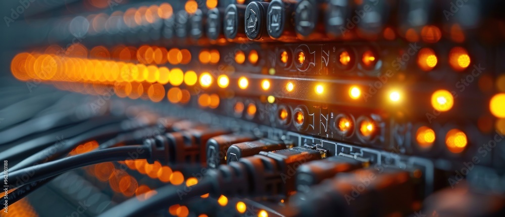 A row of computer cables with lights on them A row of computer cables with lights on them